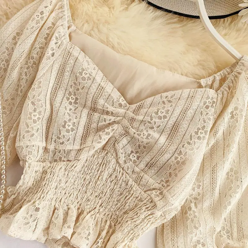 Korea Ins Sweet Short Crop Tops Autumn 2019 New Women V Neck Lace Long Lantern Sleeve Blusas Mujer De Moda Shirts Blouse J374 | Женская