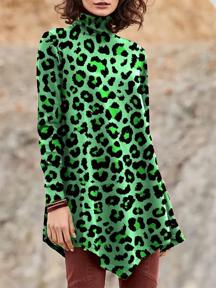 

Spring Leopard Turtleneck Irregular Women Long T-Shirt Autumn Fashion Pullover Long Sleeve Plus Size Elegant Loose Tops