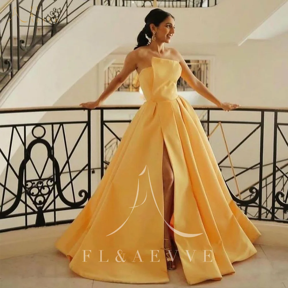 

Fashion Yellow Satin Strapless Evening Dresses Side Split A-Line Women Prom Party Gowns Plus Size Formal Dresses