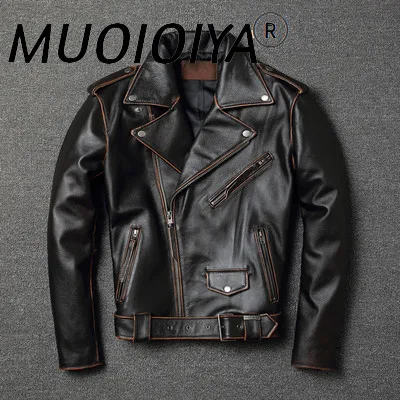

MUOIOYIA 100% Real Cow Leather for Men Slim No Short Jacket Style of Vintage 2022 Spring New Coats Moto & Biker Full 2019-81907