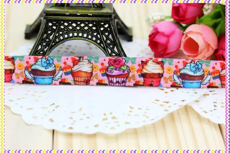 

DHK 5/8'' 5yards Fold Over Elastic FOE cupcake printed headband headwear hair band diy decoration OEM Wholesale E298
