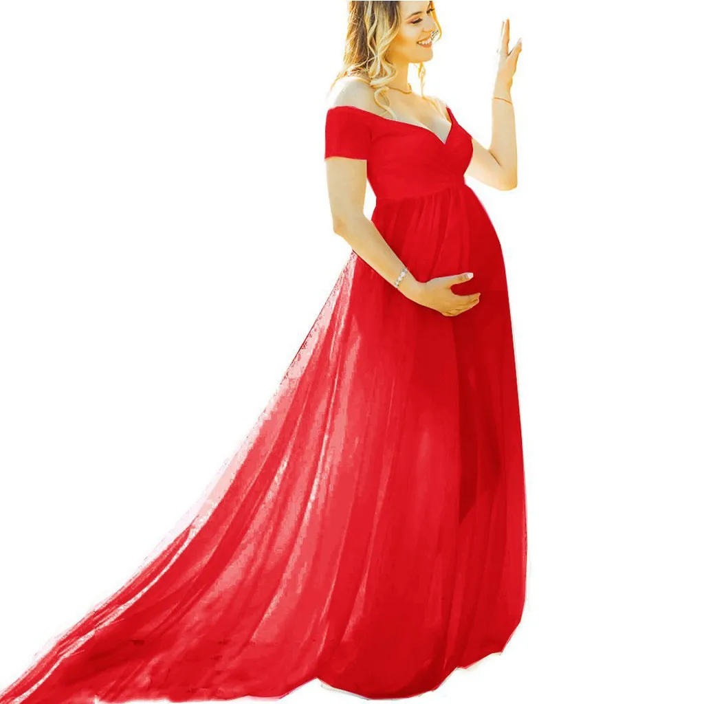 

Summer Fashion Maternity Dresses Women Pregnants Photography Props Off Shoulder Sleeveless Elegant Maternity Solid Dress