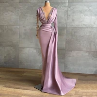 sexy purple formal gowns sheer tulle o neck long sleeves beading applique party dresses for lady celebrity evening dress