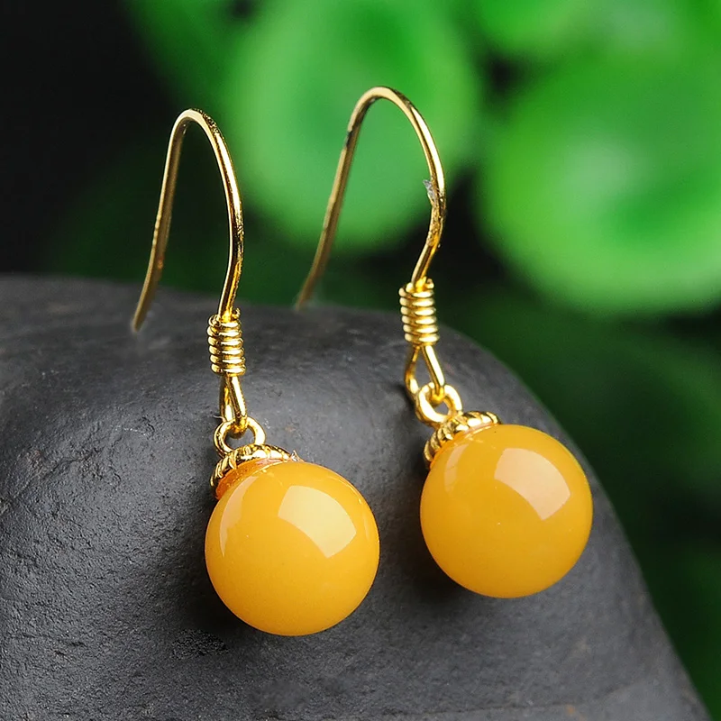 Натуральный ярко желтого цвета медовый воск серьги с янтарем S925 серебро