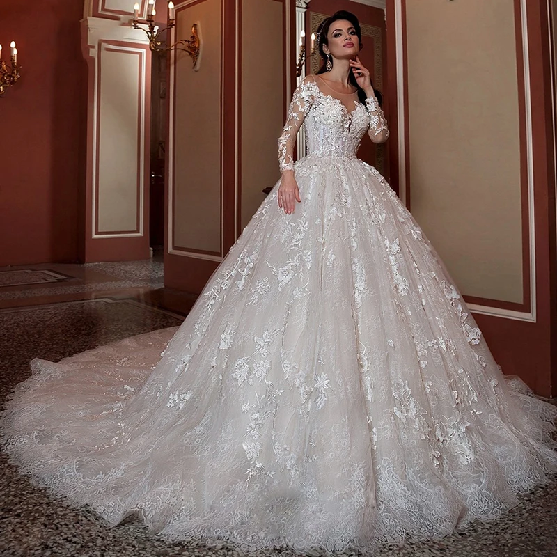 

White Luxury Wedding Dress Long Sleeve Lace Ball Gown O-neck 3D Flower Bridal Dresses Court Train Custom Made Wedding Gown