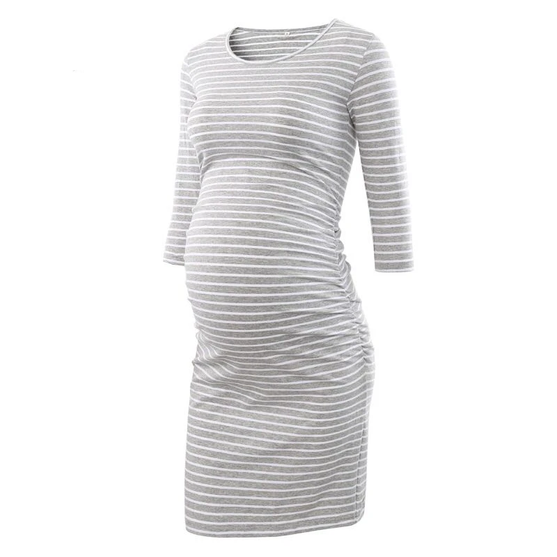 Women's Ruched Maternity Dress O-neck Stripe Dress Half Sleeve Casual Wrap Dresses Clothes for Pregnant Summer Spring
