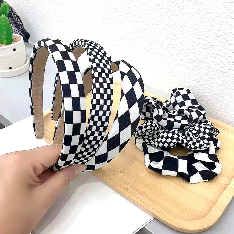 

Fabric Headband for Women Girl Korean Vintage Plaid Wide Black White Plain Hairband Scrunchies Fashion Hair Accessories