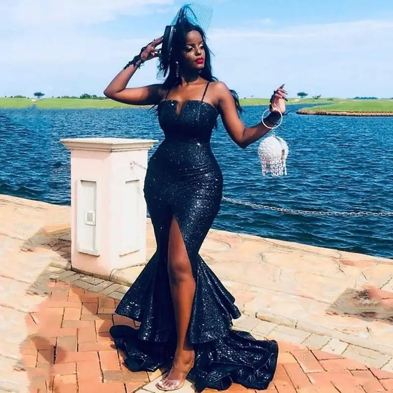 2020 Сексуальные темно-синие летние платья для выпускного вечера с разрезом по