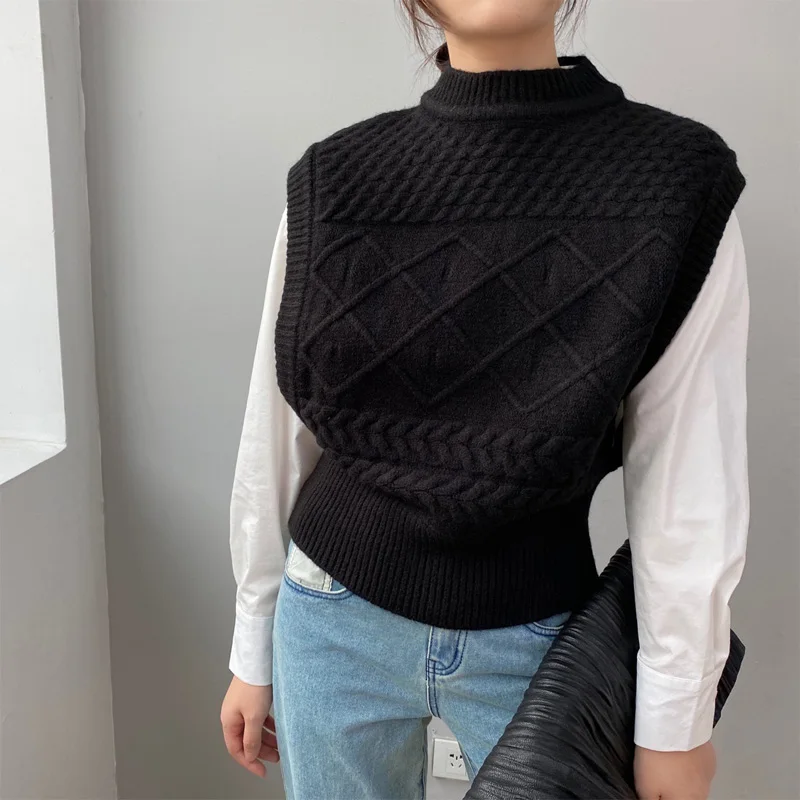 

solid color high neck sleeveless loose sweater Autumn and winter waistcoat women's sweater casual
