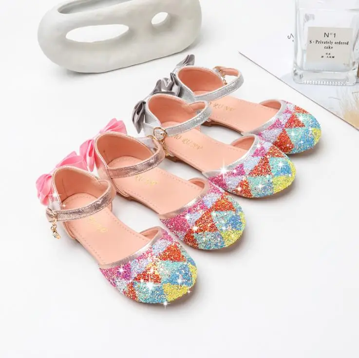 Children girls colorful Bling Paillette shoes Flat princess dance Shoes bowknot half sandals Pink sliver  24-34 V8-18 GZX04