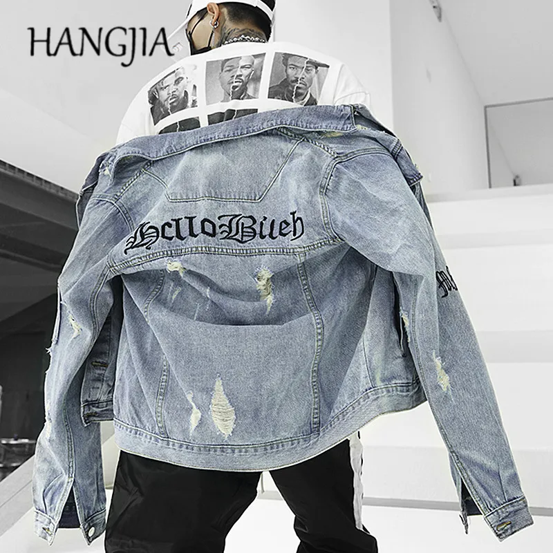 

Gothic Letters Embroidery Jacket Jean Outwear Vintage Distressed Hole Denim Jackets Coats Blue Hip Hop Streetwear Urban-clothing