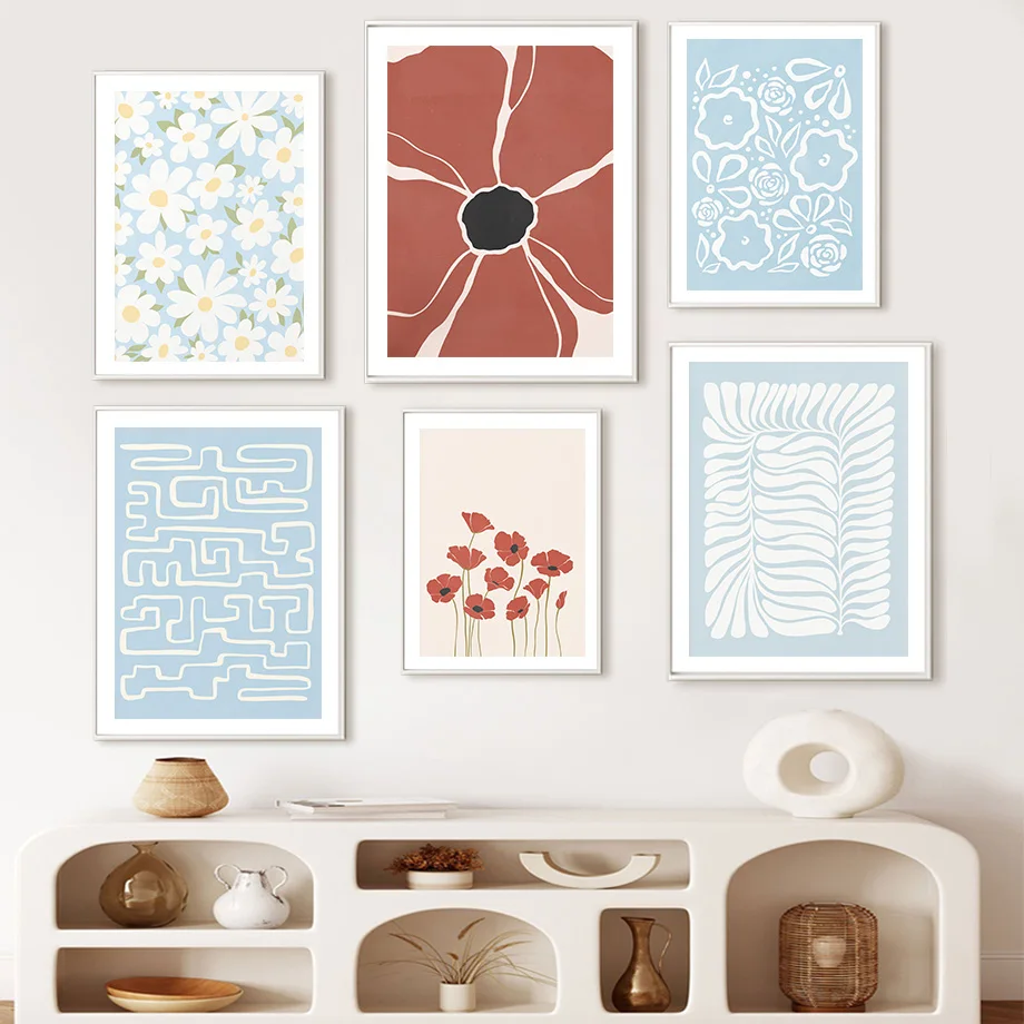 

Daisy Poppy Vase Flowers Blue Abstract Wall Art Canvas Painting Nordic Posters And Prints Wall Pictures For Living Room Decor