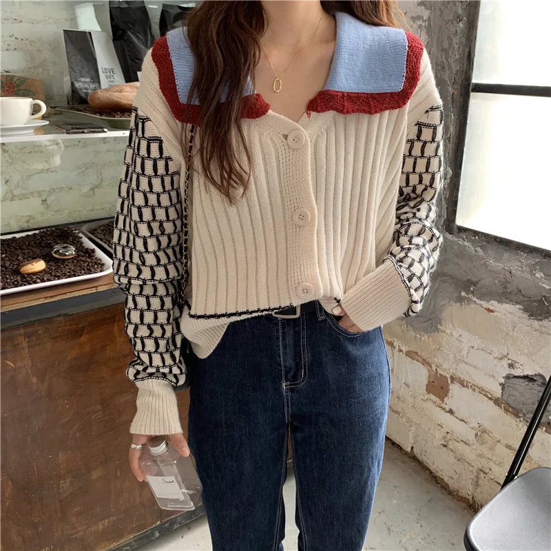 

Повседневные свитера, женская одежда, однобортный вязаный кардиган в стиле пэчворк с отложным воротником, свитеры, весна и осень