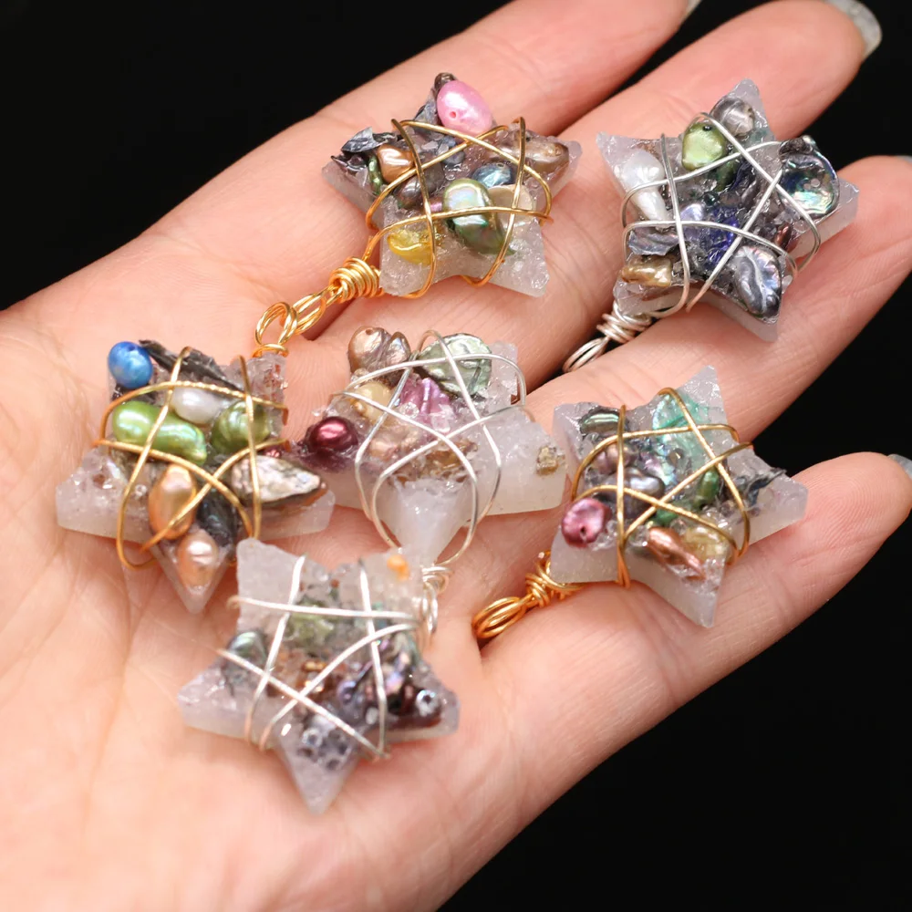 

Natural Stone Five Pointed Star Crystal Pearl Pendants Charms for Jewelry Making Necklace Earring Accessories Women Gift 27x32mm