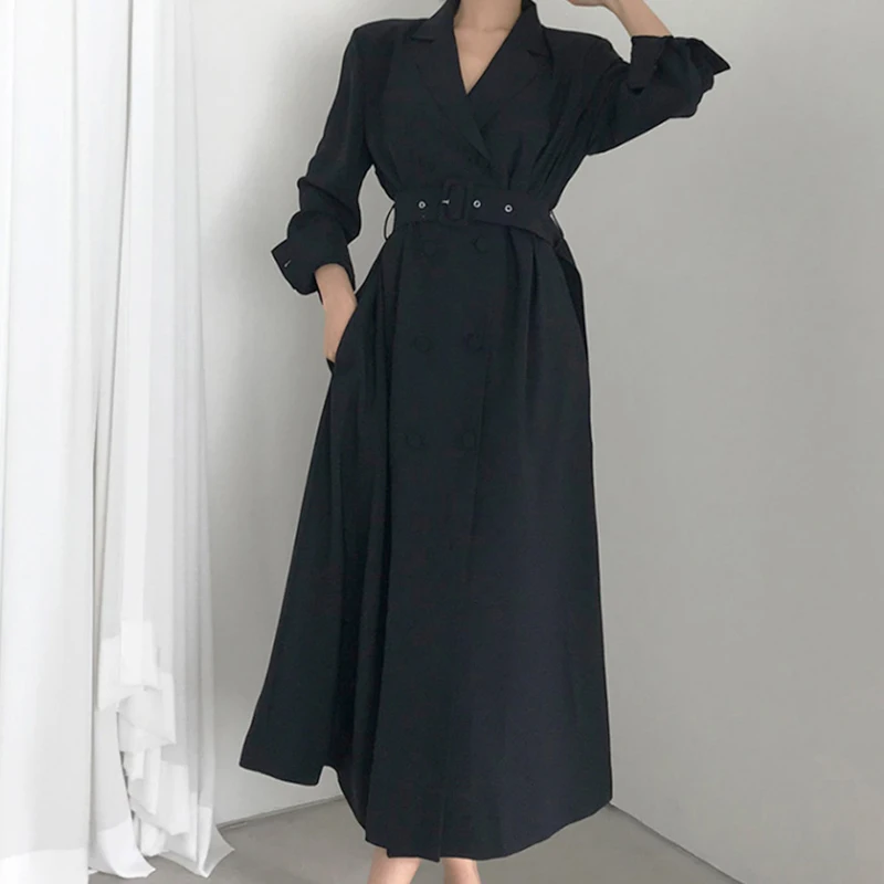 

Hzirip Minimalist Long Trench Coat Women Elegant OL Outwear 2021 New Vintage Overcoat Suit Collar Double Breasted Windbreaker