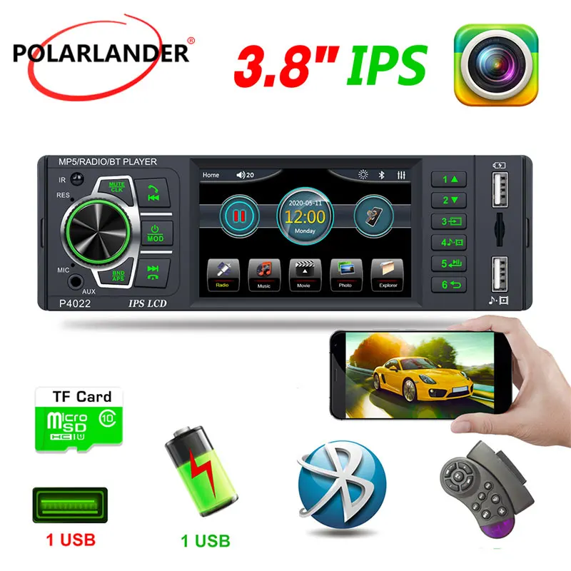 

Автомобильное радио 1 Din FM AUX Bluetooth 2 USB MP5 плеер 3,8 дюймов Зеркало Ссылка IPS экран мультимедиа с рулевым колесом пульт дистанционного управлени...