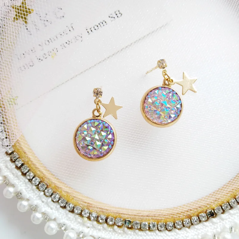 Simple Rhombic Star Resin Round Disc Clip Earrings Women Shinny Bright Purple Stone Clip on Earrings No Pierced Hole