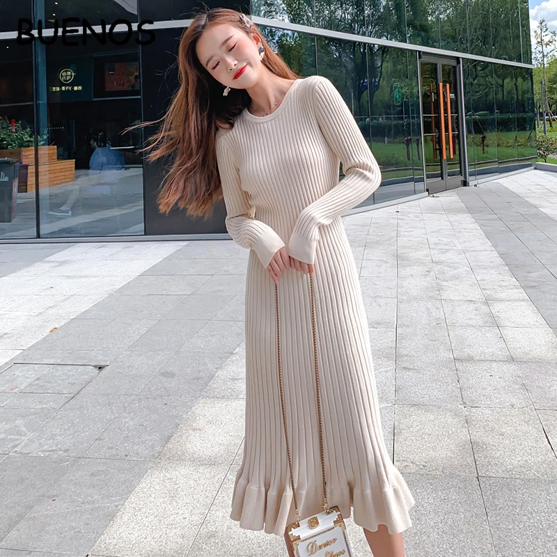 BUENOS 2019 Осень Зима Женское Элегантное Длинное платье-свитер с О-образным вырезом