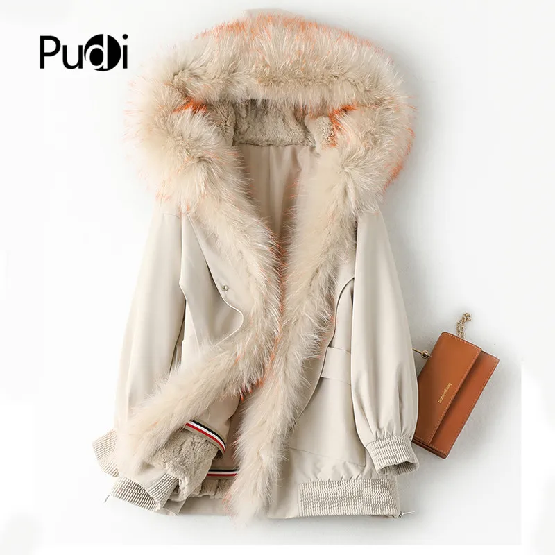 Пальто Pudi женское с натуральным лисьим мехом воротником из енота парка женская