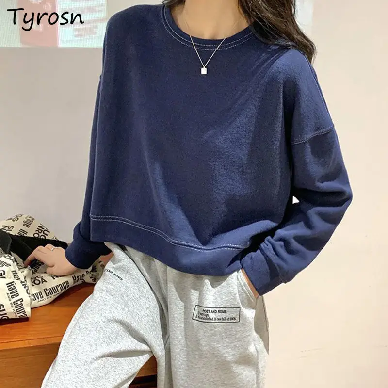 

Cropped Hoodies Women Solid Simple All-match Long Sleeve Basic Tops Korean Fashion Leisure O-neck Warm Thicker Sweatshirts Mujer