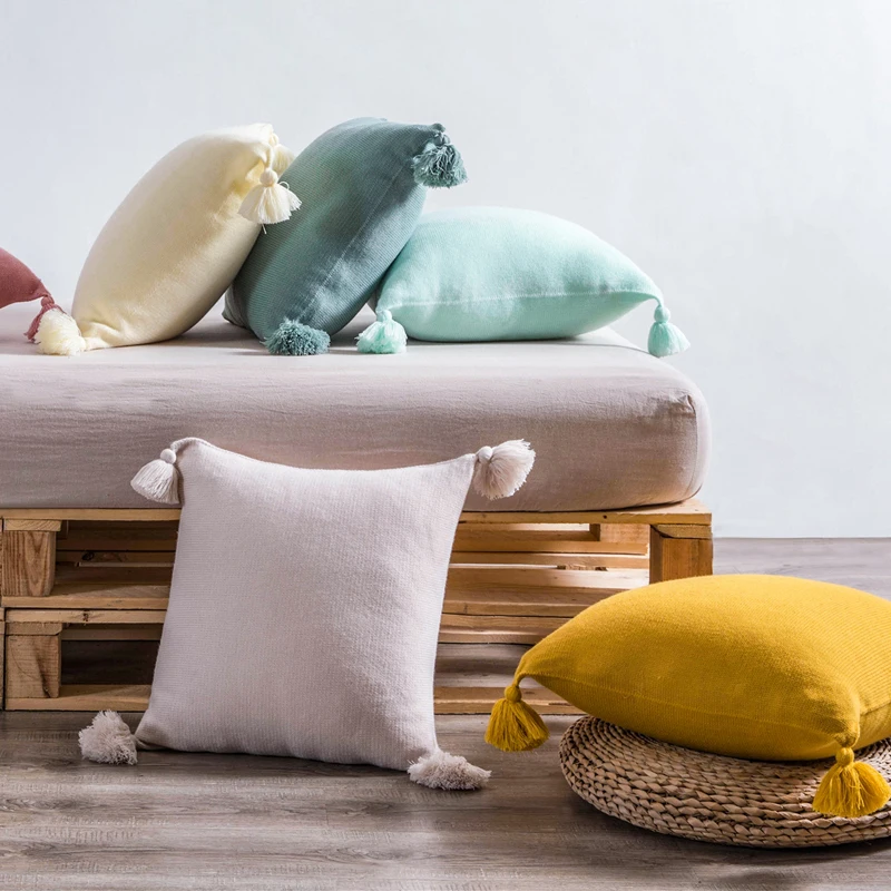 

Однотонный чехол для подушки 45x45 см, розовый, серый, кремовый, с кисточками, акриловый чехол для подушки для украшения дома, квадратный чехол ...