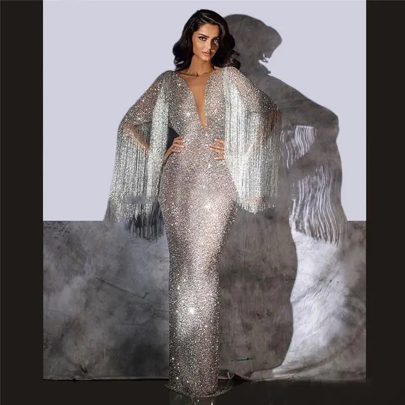 

New Tassel Beaded Evening Dresses Silver Glitter Sequins Pageant Party Gown Robe De Soiree Arabic Dubai Turkish Long Prom Dress