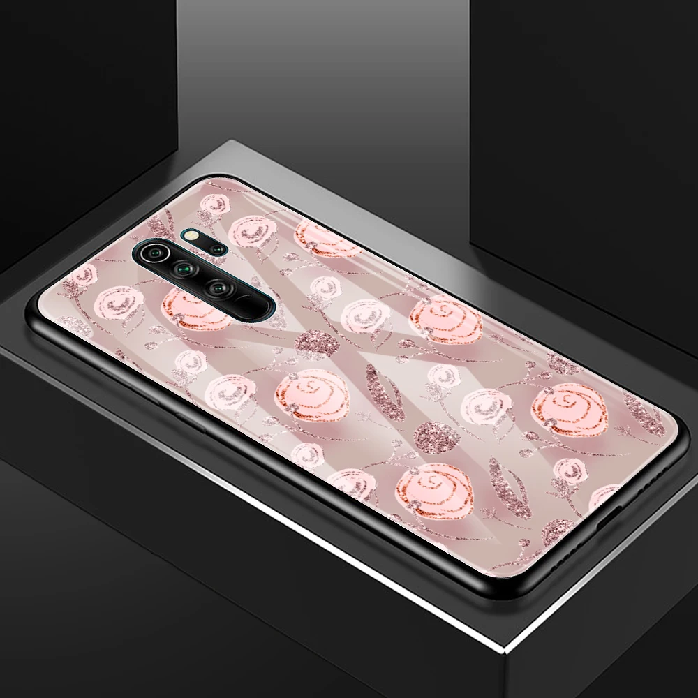 

Tempered Glass Case For Xiaomi Redmi Note 9S 9 8 Pro 8T 8A 7 9A 9C 9i K20 K30 Hard Back Cover Coque Funda Glitter Pink Gold Rose