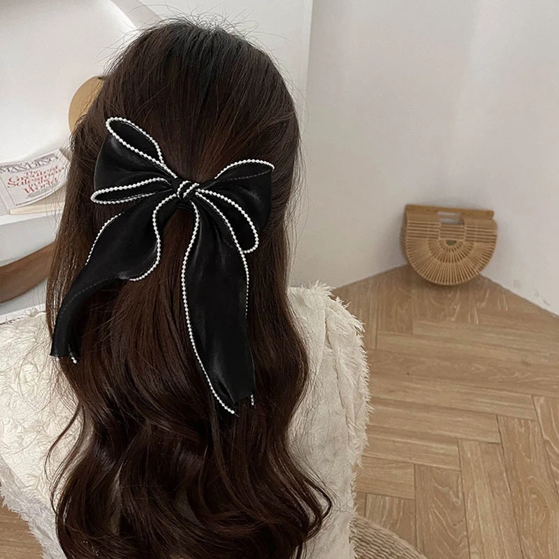 

Elegant Pearl Streamer Hair Bows Clips Women Ponytail Holder Hairpins Pearl Rim Mesh Bowknot Grips Barrettes Headdress Headwear