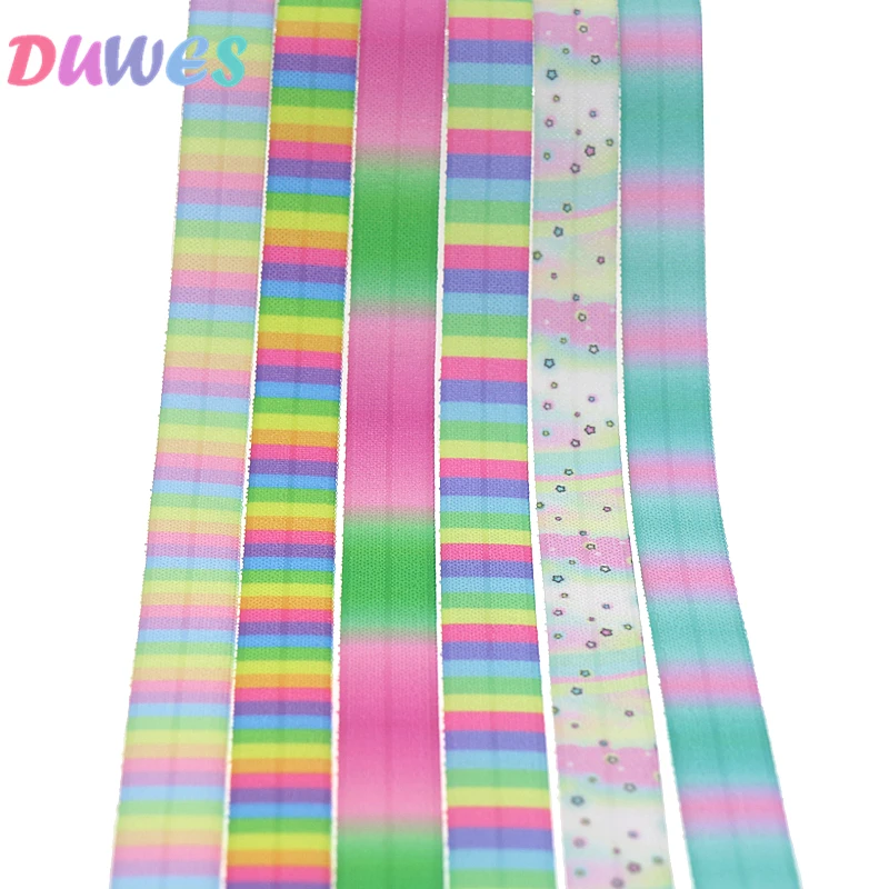 

DUWES 5/8'' 50yards gradient colors stripe printed Fold Elastic FOE stretch ribbon hairbow headwear headband DIY OEM D1178