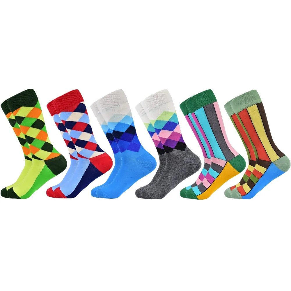 6 pairs socks-8 Популярные мужские носки из чесаного хлопка подарки для мужчин клетчатые геометрические повседневные мужские носки Цветные счастливые мужские носки - Цвет: 6 pairs socks-8