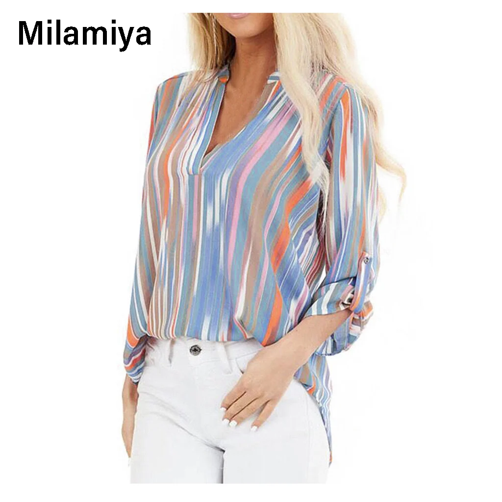 

Fashion Women Long Sleeve Stripe Print Blouse V Neck Shirt Office Ladies Party Elegant Streetwear femininas Plus Size S-2XL