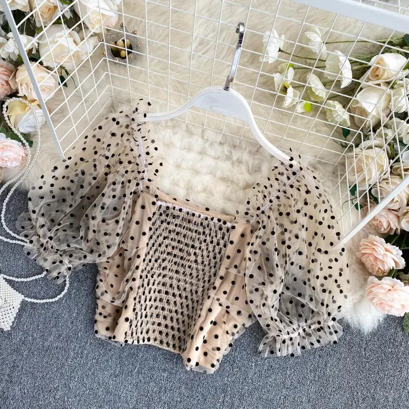 Женская блузка в горошек короткая сетчатая рубашка с квадратным вырезом и