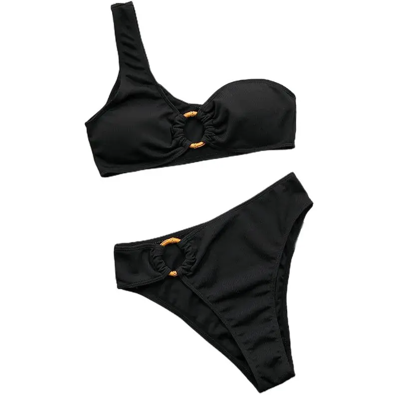 

Women Sexy Bikini Set One Shoulder O-Ring Swimsuit Ribbed Neon Solid Beachwear