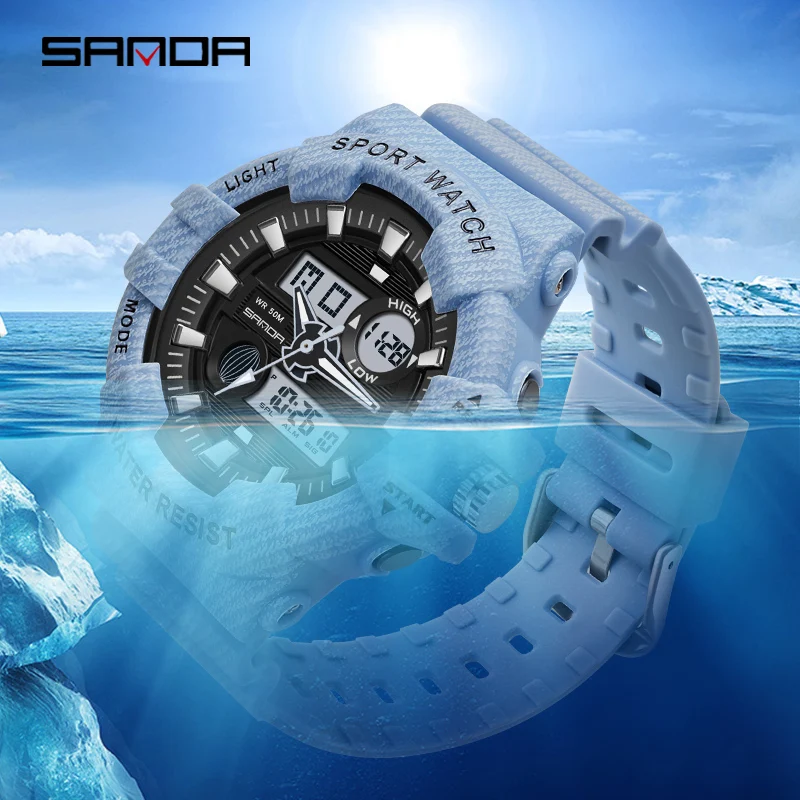 SANDA Top Brand 2022 New Women Watch Luxury Dual Dial Electronic Wristwatch Shockproof Waterproof Clock Led Light Watches 3038 enlarge