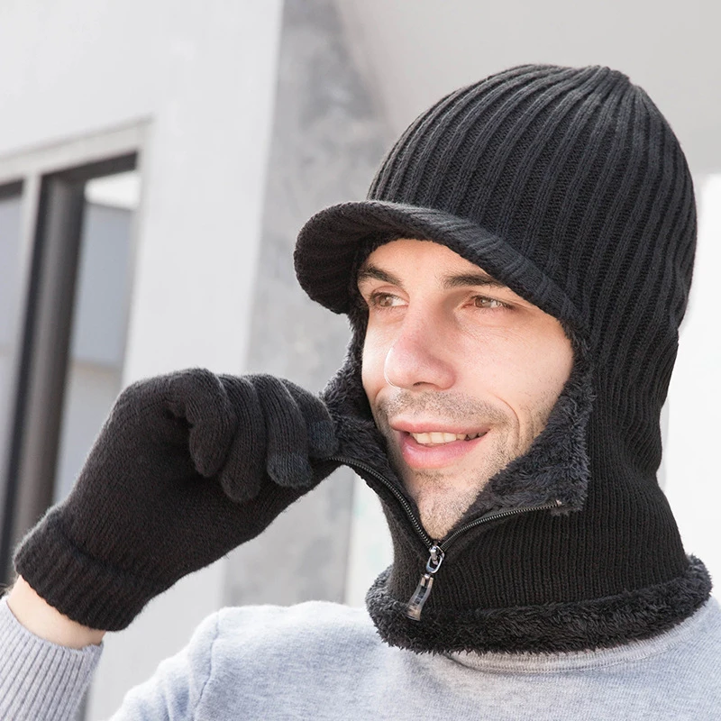 

HT3482 Thick Warm Winter Hat Glove Set Men Riding Earflap Cap Male Knitted Hat with Scarf Men 2PCS Fleece Lined Winter Accessory