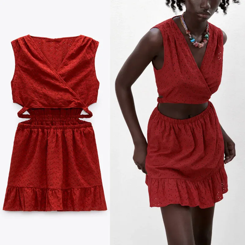 

Za Summer Women Openwork Embroidered Dress 2021 Sleeveless Elastic Waist Sexy Party Dress Female Pleated Ruffle Mini Red Dresses
