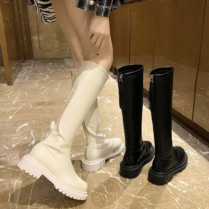 

Сапоги женские резиновые до середины икры, ботинки на низком каблуке, круглый носок, зимняя обувь, Осень-зима 2019