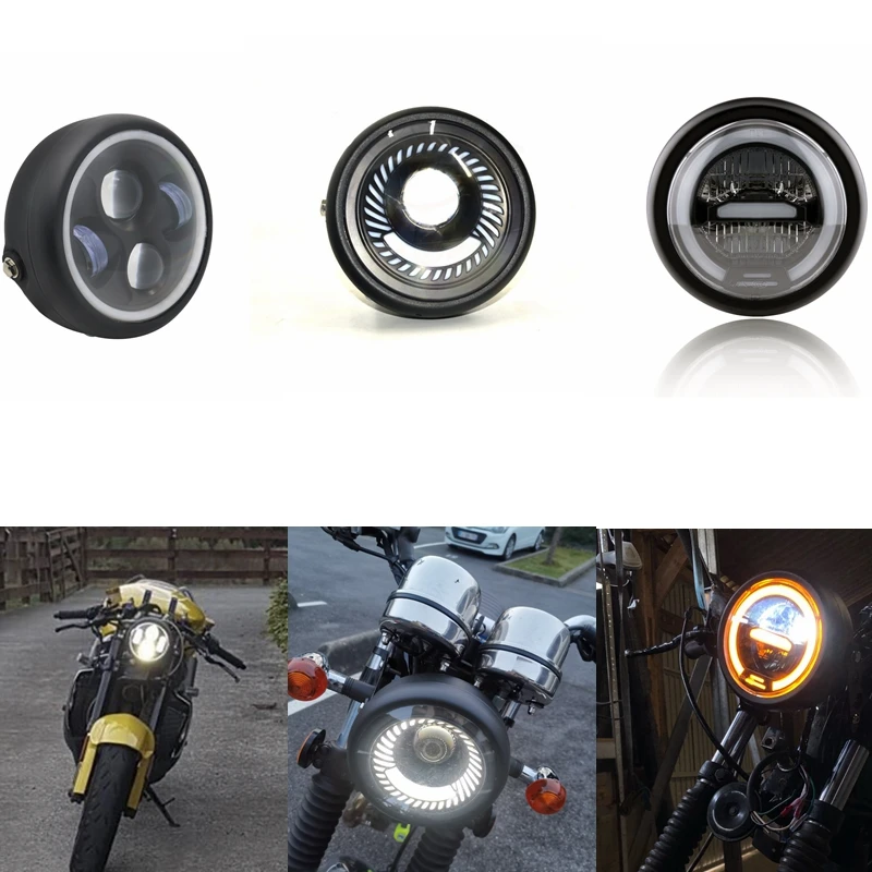 Мотоцикл Cafe Racer Bobber 6 5 дюймов светодиодная фара Янтарный Белый с крепежным