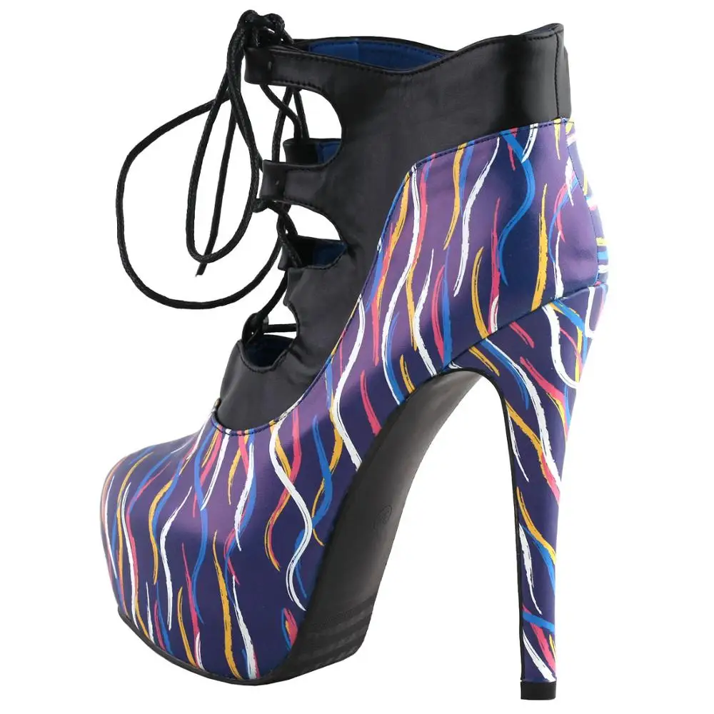 

LF80886 SHOW STORY Retro Multicoloured Curve Print Lace-Up Platform Stiletto High Heels Ankle Boot Bootie
