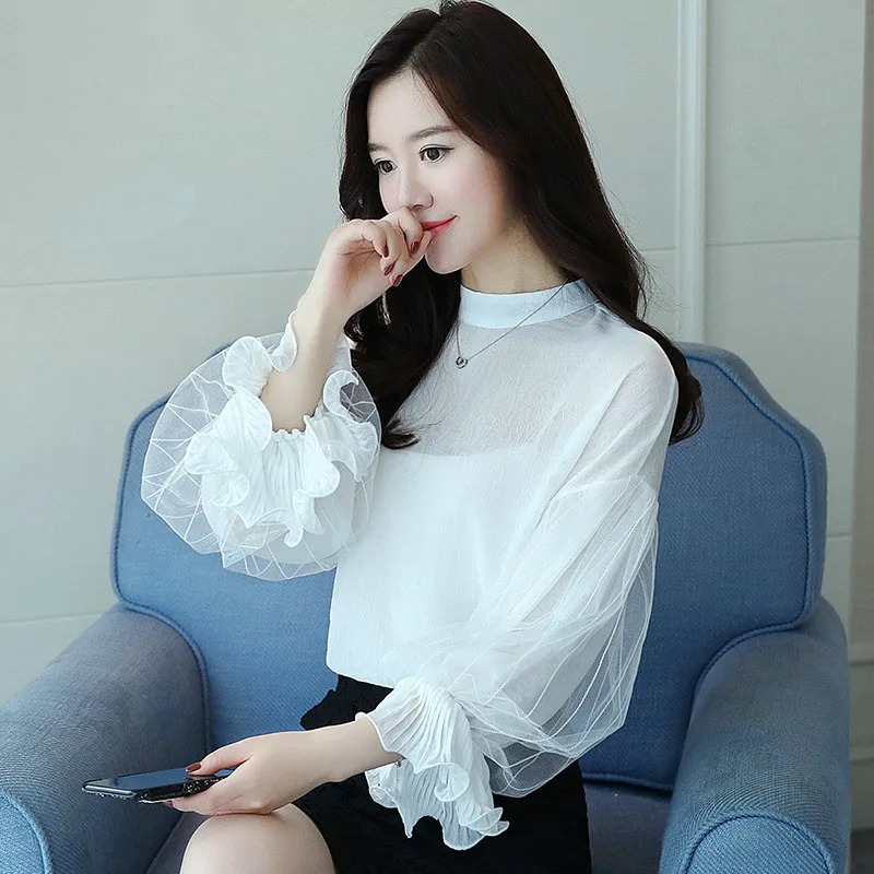 Женская шифоновая блузка с оборками элегантная сетчатая рубашка свободного - Фото №1