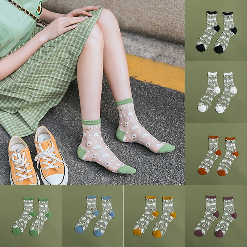 

Colorful Daisy Ultra Sheer Floral Socks Women Best Sheer Lace Ruffle Cozy Elastic Mesh Frill Trim Transparent White Ankle Socks