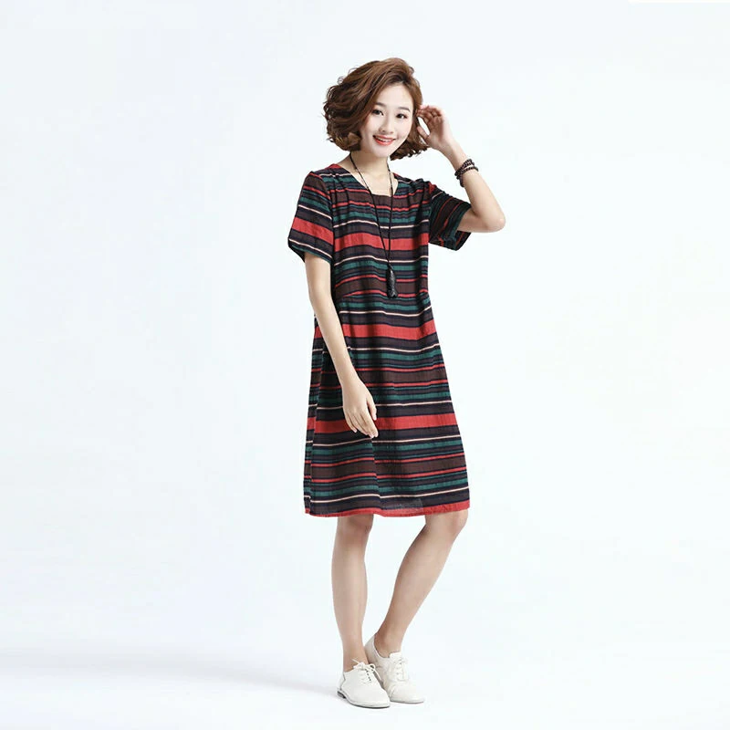 

Elegant short sleeve new summer beach skirt women's Korean casual stripe loose A-line dress o-neck dress SS1116