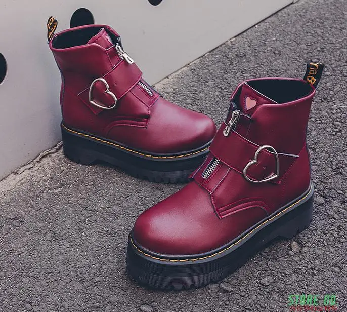 2020 New Spring Autumn Motorcycle Boots Women Fashion Love Heart Round Toe Platform Wedges Combat Boots Ladies Shoes Botas Mujer