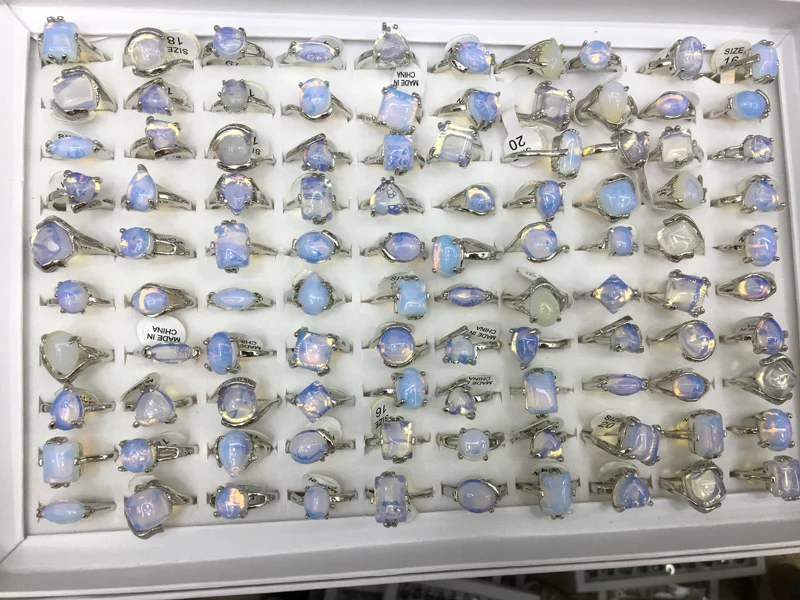 

Women's Charm OPALITE MOONSTONE Rings Birthstone Finger Ring Silver Color Mixed Size 5pcs/lot