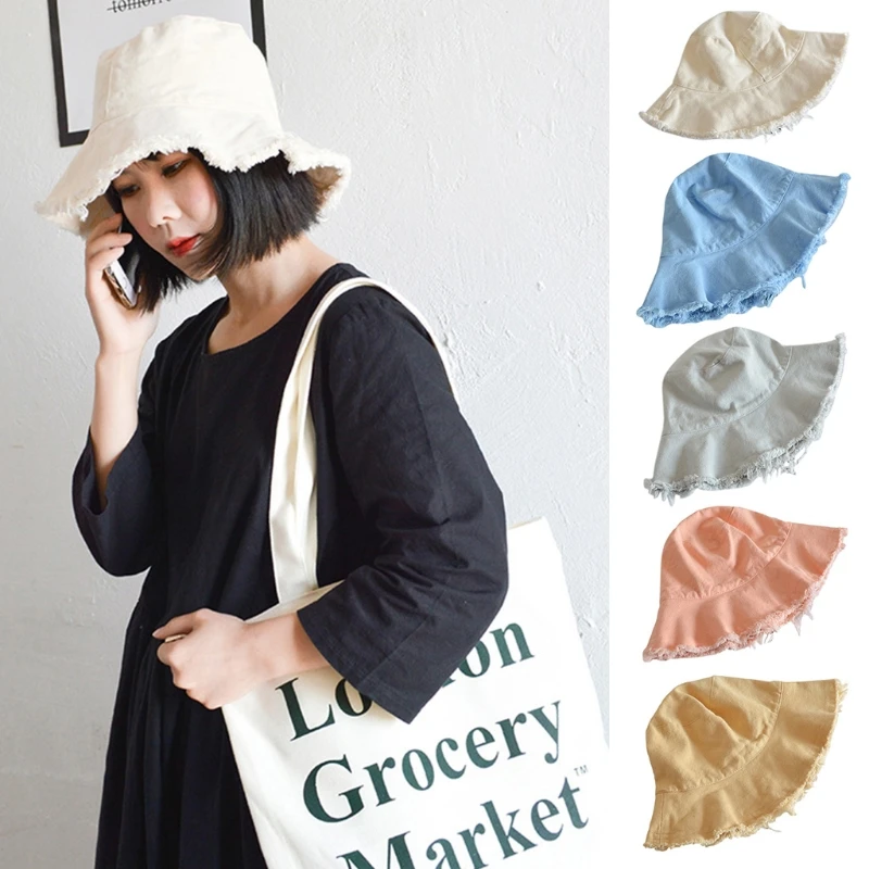 

Vintage Distressed Frayed Washed Bucket Hat Solid Color Foldable Fisherman Cap R2LE