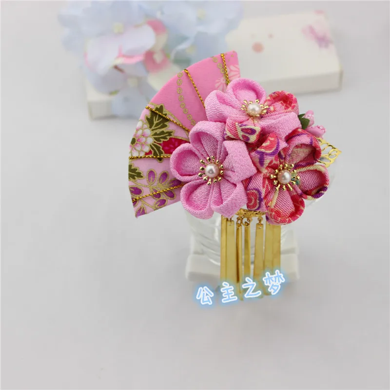 Японский головной убор tsuami Kanzashi розовый красный с кисточками Кура цветок веер