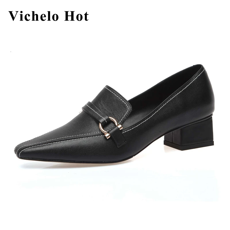 

Популярные брендовые туфли Vichelo из натуральной кожи с маленьким квадратным носком на среднем каблуке, простые женские туфли-лодочки-гладиа...