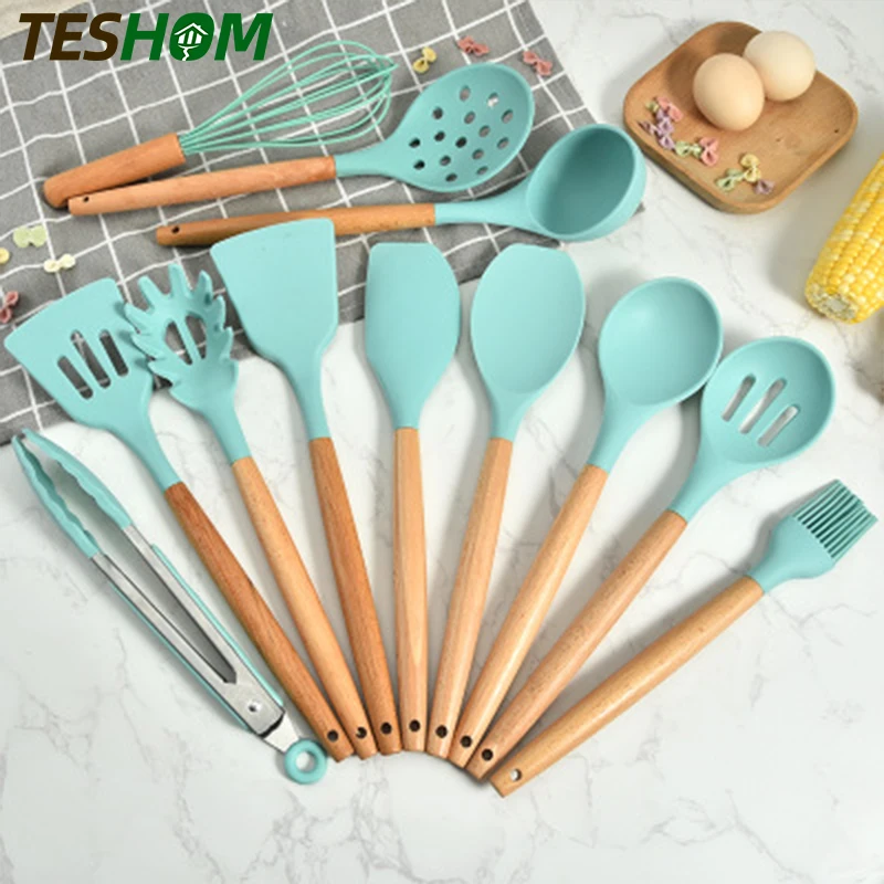 Зеленый силиконовый набор кухонной утвари Жаростойкие антипригарные