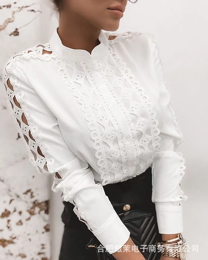 

Элегантная кружевная ажурная блузка, топы, модный однотонный женский топ в стиле пэчворк, Осенние офисные повседневные блузы с длинным рука...