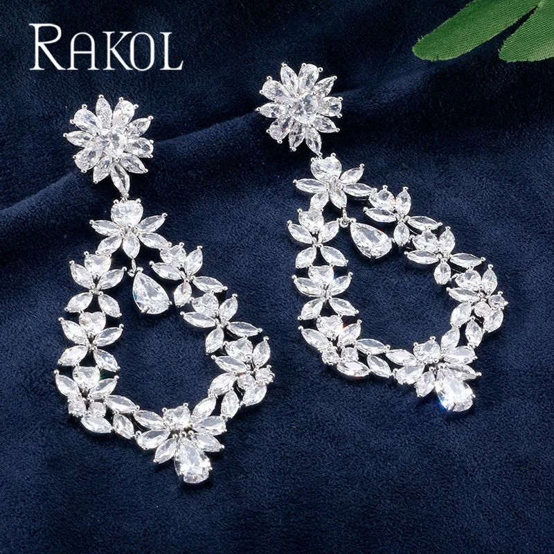 RAKOL Роскошные ААА кубического циркония длинные серьги-подвески с цветочным
